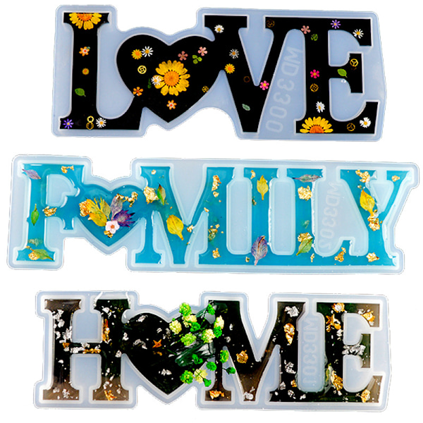 Silikoneharpiksform Kit, 3 stk. Epoxyharpiksform 3D Bogstav Kærlighed/Familie/Live/Hjem, Harpiksforme, Borddekoration, Feriegaver