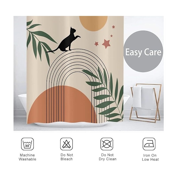 Boho Duschdraperi 180x180, Abstrakt Beige Badrumsgardin i Mid-Century-stil med Svart Katt, Grönt Löv, Knut, Sol, Måne, Modern Minimalistisk Geometrisk Estetik