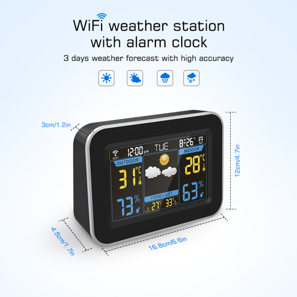 Wifi-meteorologinen asema Langaton meteorologinen asema lämpömittari kosteusmittari sääennuste LCD-kello Värillinen näyttö Sovellusohjaus