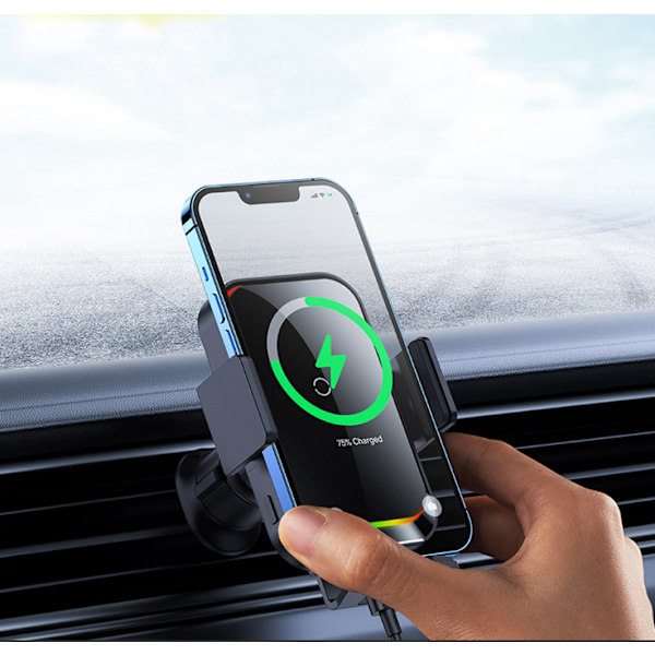 15W induktionsbiloplader, [automatisk fastspænding], telefonholder hurtig trådløs bilopladerholder luftventilationsklemme + sugekop + QC3.0