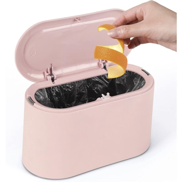 Liten bordssøppelbøtte, mini plastikk søppelbøtte med plass for bad, kontor, soverom og bil, skrivebordsoppbevaring (rosa)
