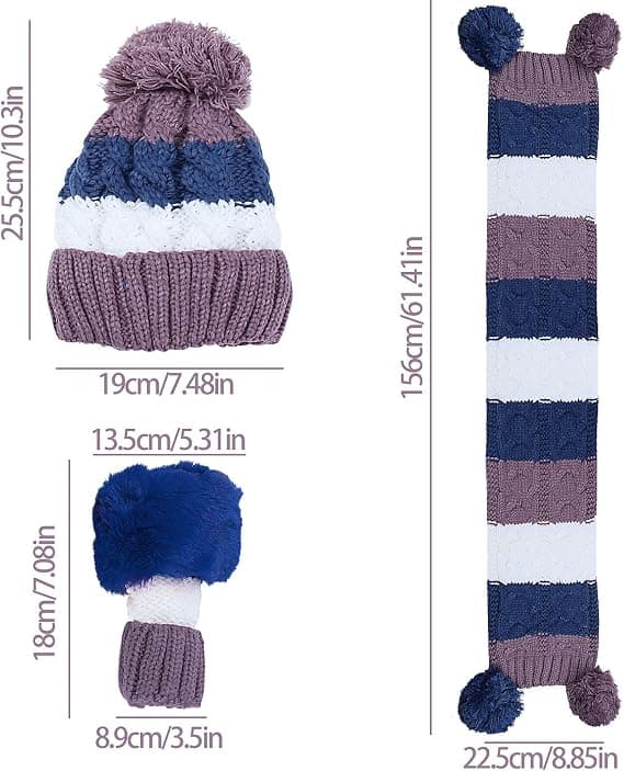 Dam- och flickmössor, stickade mössor, halsdukar och vantar, vintermössor med fleecefoder, stickad mössa med pompom, halvvante och lång halsduk