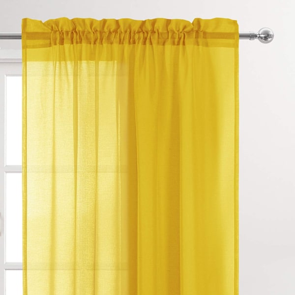 Gula tyllgardiner, halvtransparenta tyllstångsgardiner för sovrum och vardagsrum, 137 x 213 cm långa, set om 2