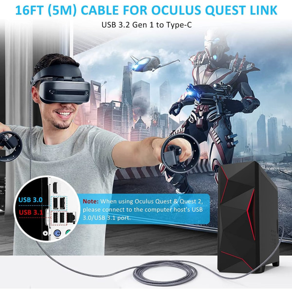 Tiergrade Oculus Quest 2 Link-kabel, 5m USB 3.2 Gen 1 Type C Oculus Link, kompatibel med Oculus Quest, hurtig dataoverførsel og hurtig opladning Oculus Qu