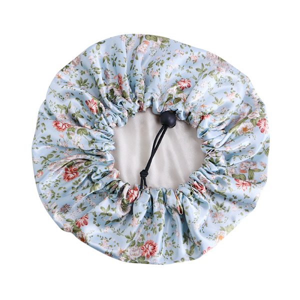 Lyseblå knuste blomster - Dusjhette for kvinner og jenter, gjenbrukbar, overdimensjonert, vaskbar, søt og myk, søt dobbeltlags rund lue for menn, kvinner og babyer