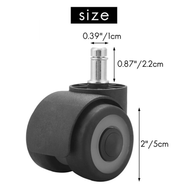 Set med 5 hjul för kontorsstol - 11 x 22 mm - Dubbelhjulsdesign - Repar inte golvet - Diameter: 50 mm