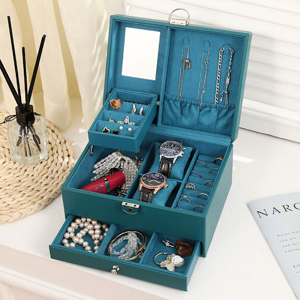 Smyckeskrin Organizer, Funktionell Låsbar, Läder Smyckeskrin för Kvinnor, Flickor, Ringar, Halsband, Örhängen, Armband