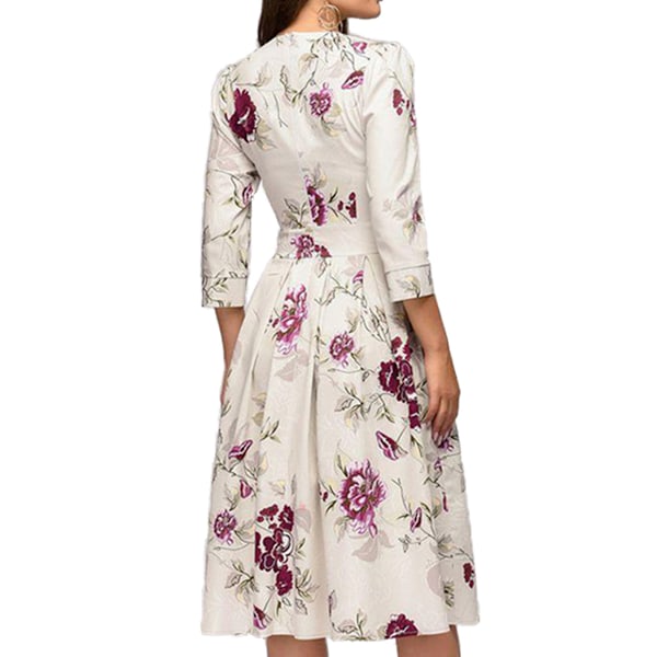 Yksinkertainen tyylikäs naisten kukkakuvioinen vintage-mekko, elegantti midi-iltapuku, 3/4 hihat