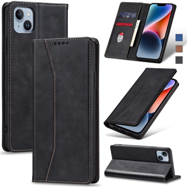 Fodral för iPhone 14, PU-läder plånboksfodral [Stötsäker] [Magnetisk] [Korthållare] [Stativfunktion] Flip-fodral (Svart)