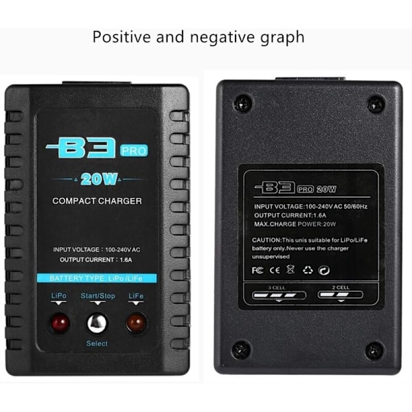 B3 20W 1.6a Pro Balance Oplader til 2S 3S 7.4V 11.1v Lithium Lipo Batteri Mini Bærbar RC Fly Oplader - Sort