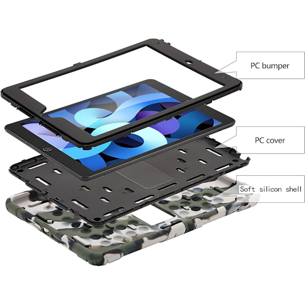 Fodral för iPad 9:e 8:e 7:e generation (iPad 10.2 fodral 2021/2020/2019) Stöttåligt skyddande fodral med pennhållare och axelrem (kamouflage)