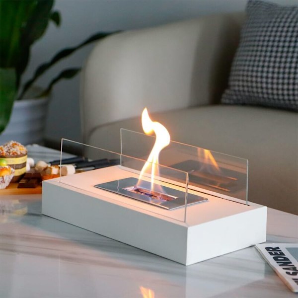 Rektangulær Bordpejs 35 cm Lang Ventilløs Bioethanol Brænder Bærbar Bordpejs til Indendørs Udendørs Terrasse Have (Hvid)
