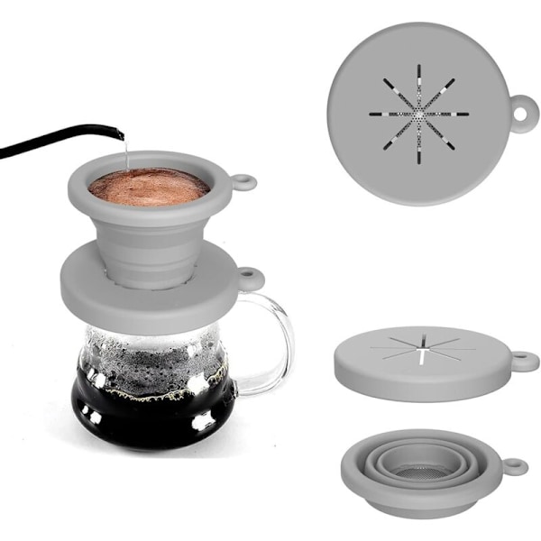 Vikbart kaffefilter, silikon kaffefilterhållare, återanvändbara caféfilterstöd för hemmet, resor och manuell kaffebryggare (grå)