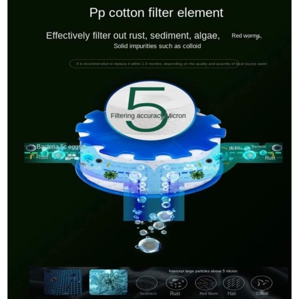 Vattenfilterkran, universell kalkfilterkran med 6 PP-bomullsfilterelement, 360° roterande sprayhuvud