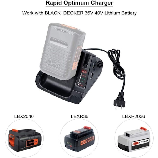 Passer til Black and Decker 36V / 40V lithium batterioplader til lithium-ion batteri: LBXR36LCS36 LCS40 36V LBXR36 LBX36 LBXR2036 LBX1540,
