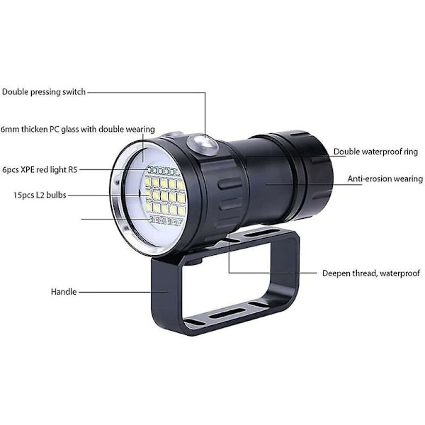 Lommelygte - Dykkerlygte, 180W 18000 Lumen Undervands 80M Lys Vandtæt Dykkerlommelygte til Dykkeraktiviteter til Udendørs Lejr, (Sort)-
