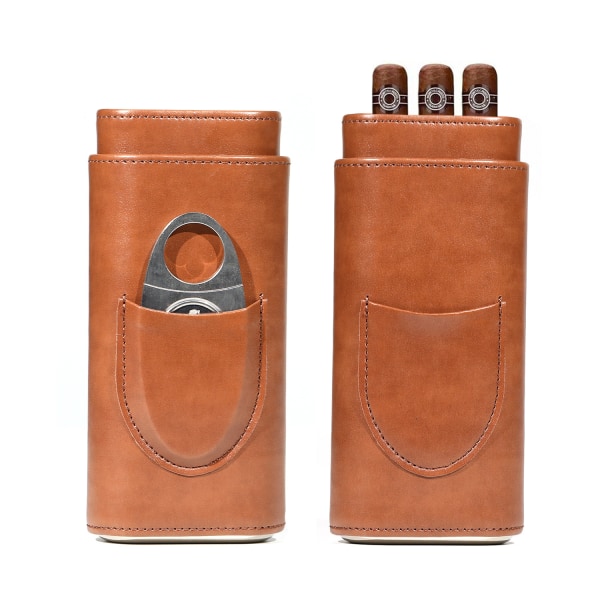 Humidor Cigarr 3 Finger Case Set Cederfodrat läder, Cigarr Humidor med Silver rostfritt stål bestick (Brun)