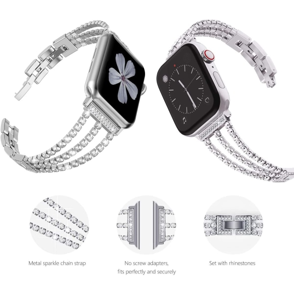 Sølv - bånd kompatibel med Apple Watch 38 mm 40 mm skinnende rustfrit stålrem til damer til iWatch 7-serien, SE 6-serien 5 4 3 2 1