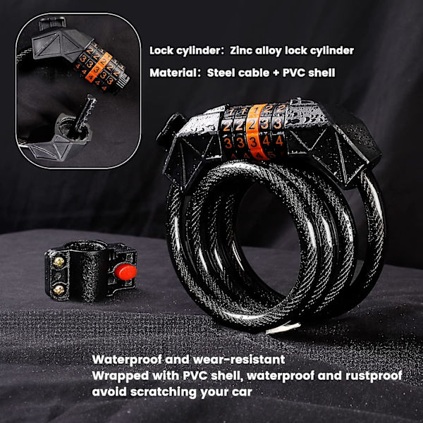 Cykellås, Cykellås Lang 125cm x 12mm Kabel Lås med 5 Cifret Smart Kode Cykellås Høj Sikkerhedsniveau til Cykel Tricykel Scooter Cykellås