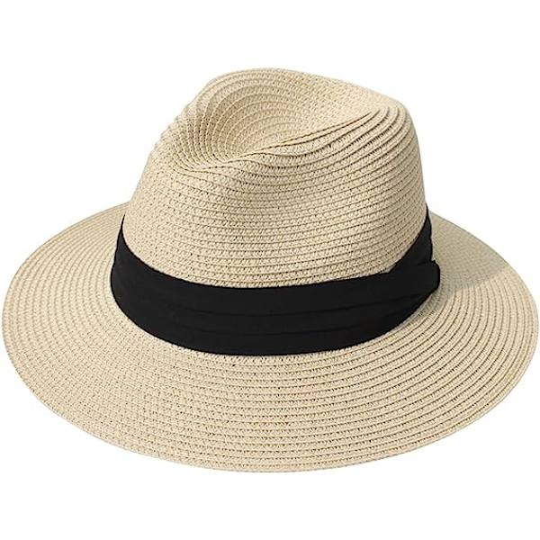 Dam bredbrättad stråhatt Panama rullbar hatt strand solhatt UPF50+ hopfällbar skugga strand (Beige)