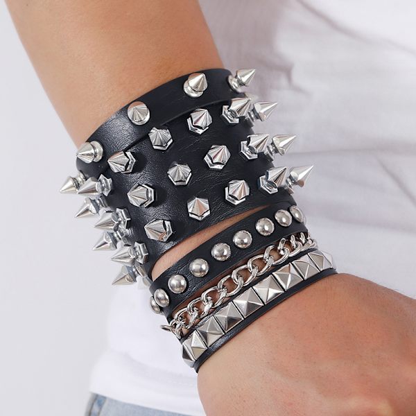 6 stk lær studded punk armbånd for menn, kvinner, 80-talls studded armbånd, gotisk punk rock armbånd, studded studded bangle, unisex metall, for H