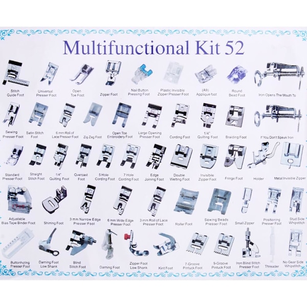 Sybehör Multifunktionell Pressarfot Kit för Hemsymaskin Fållfot Delar Tillbehör för Brother Singer Set om (52st)