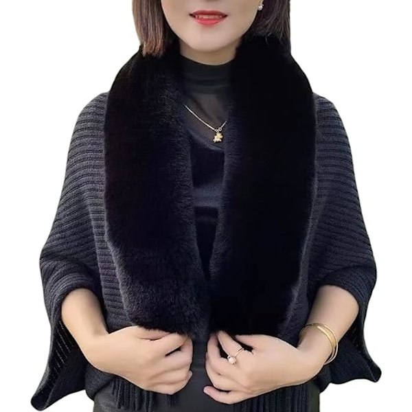 Stickad tjock damlös sjal poncho cape reversibel överdimensionerad lång stickad varm wrap för kvinnor damer på vintern (svart)