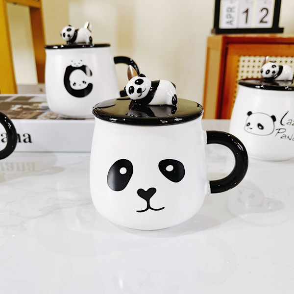 Sød porcelænskop med panda-motiv, 3D panda-låg og ske, gave til pandaelskere