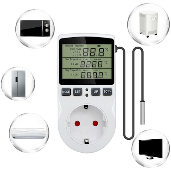 Termostatuttag Numerisk temperaturregulator 220V värme kylning med sond, LCD Temperaturkontroller för kylskåp inkubator växthus fläkt