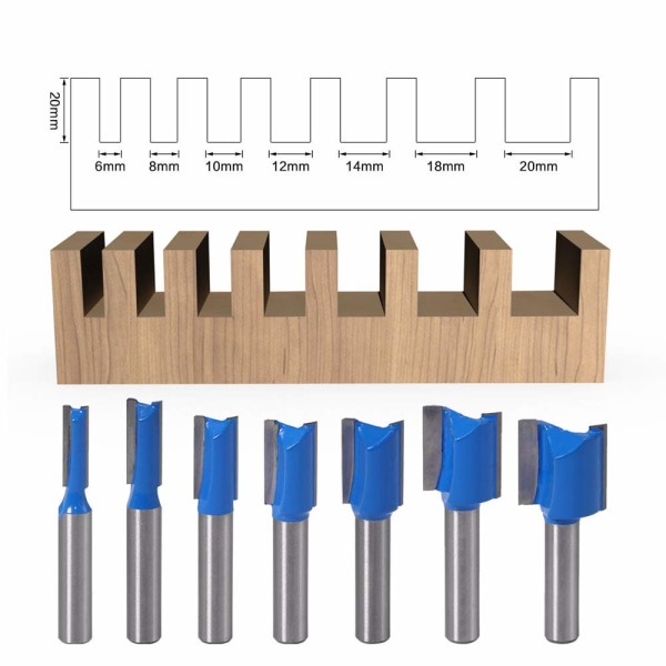 7 st 8 mm, 6 mm 8 mm 10 mm 12 mm 14 mm 18 mm 20 mm diameter skaft rak fräs trä router bit rak skärning planfräsning mönster router för träbearbetning