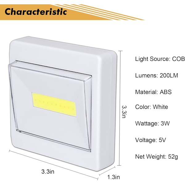 Garderobsbelysning, Superstark, Batteridriven, Fäst Var Som Helst, Cob Led Ljusströmbrytare Nattlampa, Trycklampor för Garderob, Skjul, Vind, Nödsituation (4-pack)