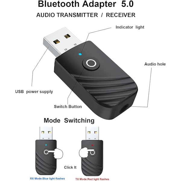 Bluetooth USB-adapter, 5.0 trådløs USB 3-i-1 sender og mottaker, med 3,5 mm jack Bluetooth Aux bilradio sender fungerer for bil/TV/PC/Aud