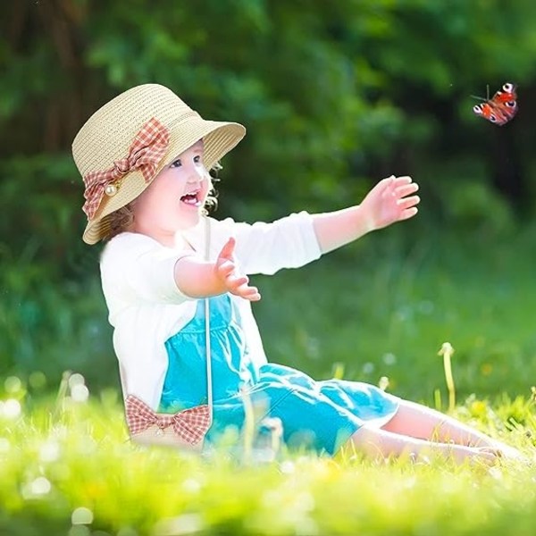 Pink Girl Straw Hats and Small Bag Set with Bow Decoration Sun Hat Summer Beach Hiking for Kids