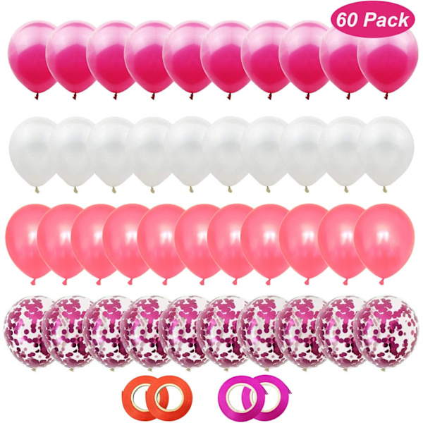 60 balloner blå hvide balloner med blå konfetti balloner, 12 tommer heliumballoner til dåb pige fødselsdag bryllup dekoration (Pink Red