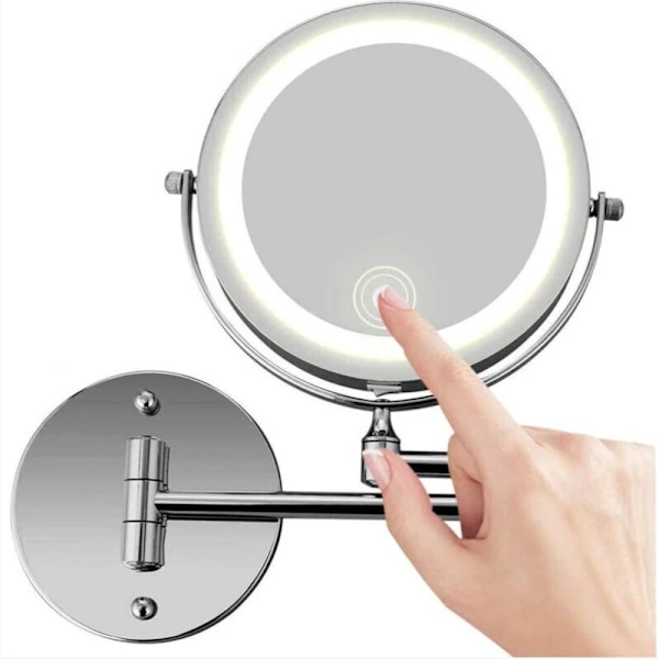 Belyst Veggmontert Sminkespeil, 8\" Dobbeltsidig 1X 5X Forstørrelsesspeil for Baderom, 11\" Uttrekkbar Arm, 360° Dreibar, Dimbar Touch LED-lys