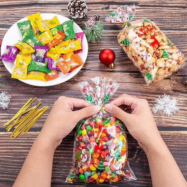 100 stk julegaveposer i plast for godteri og kjeks, julegaveposer med vri-bindere for julefestutstyr