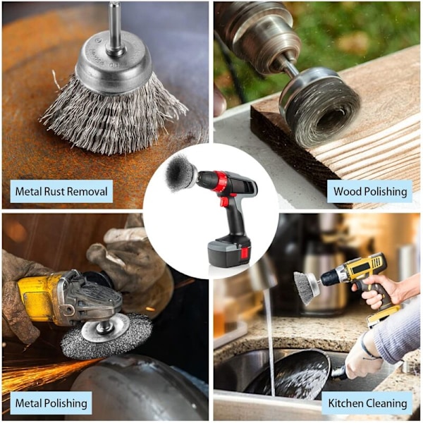 Sett med 9 metallbørster for drill, sirkulær gropende skrutrekker med børstesett for 0,5 cm drill for fjerning av rust/korrosjon/maling
