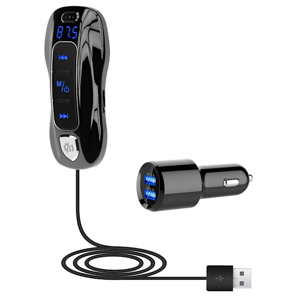 Bluetooth V5.0 FM-sändare, Bluetooth-bilsändare Handsfree-bilsats Dubbla USB-portar (QC3.0+5V/2.4A) med 1,1M-kabel, A2DP Crystal Sound,