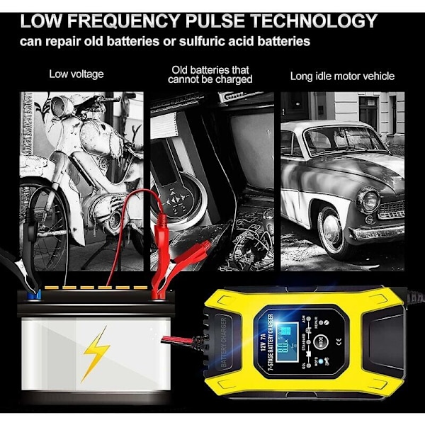 Intelligent batterioplader 7A/12V, hurtig og bærbar motorcykeloplader med LCD-skærmbeskyttelse, gul reparationsfunktion