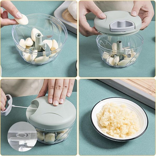 1 stk. mini manuel køkkenhakker, 500 ml manuel løgskærer med træksnor, manuel blender med 3 rustfri stålblade, manuel løgdecoupe, ben