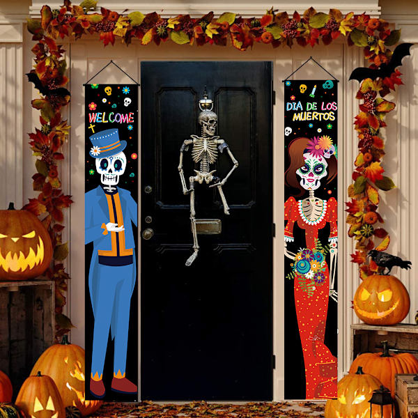 Dag av de döda festdekoration par spöke par skelett brud dörr gardin Halloween atmosfär layout flagga