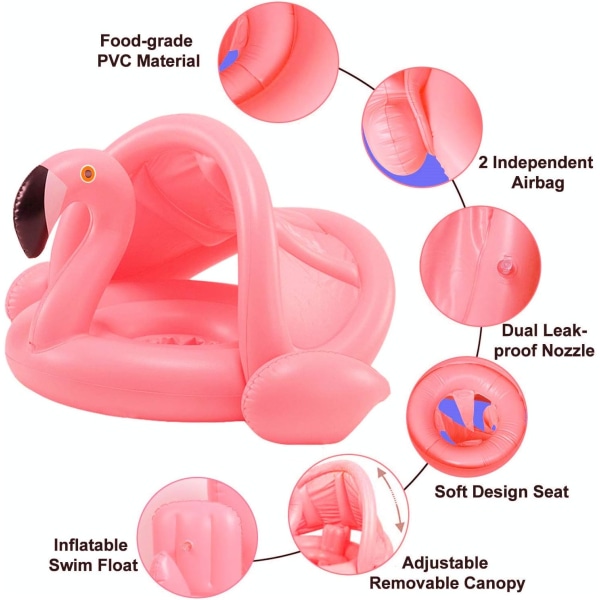 Flamingon muovivene vauvoille katoksen kanssa, Ilmatäytettävä istuinpoiju Ilmatäytettävä lasten uima-allas Vauvat 6 - 48 kuukautta kylpyamme Uima-allas PVC-materiaali (vaaleanpunainen)