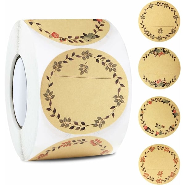 (500 stk. brun) KRAFT runde etiketter KRAFT Blomster og blader Etiketter for syltetøy 5 cm KRAFT papirklistremerker Pakke Gavepakke for krydderkrukker for Øye