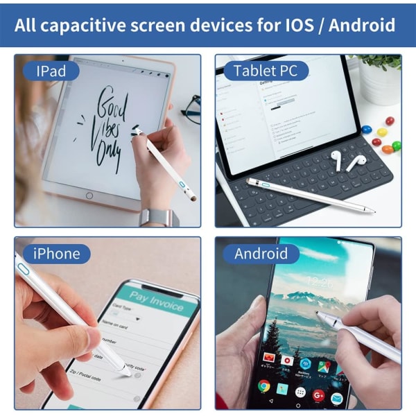 2 i 1 berøringsskjermpenn 1,5 mm høy presisjon kapasitiv stylus universell, kompatibel med smarttelefoner, nettbrett, Apple IP-Hone/i-Pad