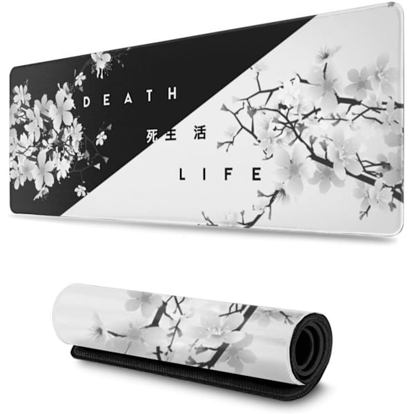 Svart og hvit japansk kirsebær spillmusematte, stor utvidet musematte, sydd kant musematte, lang C-base musematte