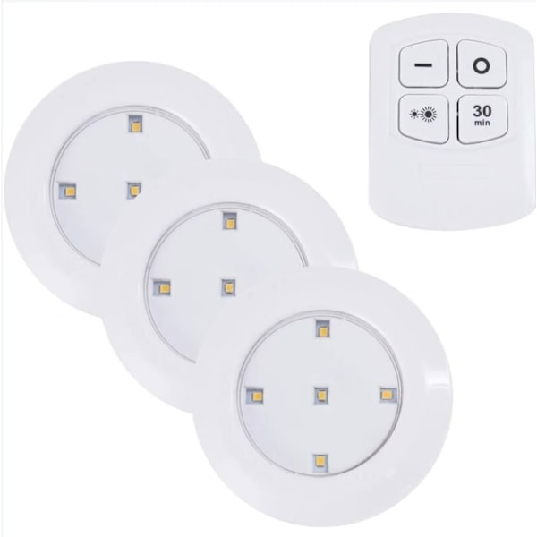 3 st trådlösa LED-puckljus med fjärrkontroll under skåpsbelysning dimbar för kök garderob sovrum (vitt ljus utan batteri)