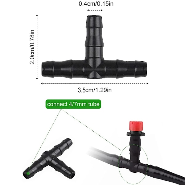 100 stk. T-stykke vandingssystem 1/4 \"gaffelforbindelse drypvanding T-rør - PVC sprinklerhoved drypvanding automatisk vandingssystem kit