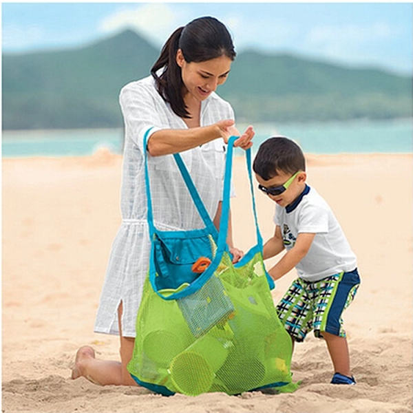 Stor Mesh Strandtaske til Legetøj Sand Away Tote med Lynlås til Børn Svømmepøl Rejse Sandede Sko Våde Håndklæder 16 x 9,4x 16inch Grøn Mesh Blå Remme