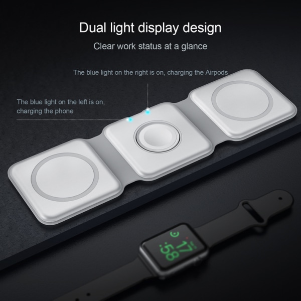 Trådlös laddare - 3-i-1 hopfällbar trådlös laddare magsafe Dual Magnetic Multi-Function Tillämplig för Apple iPhone