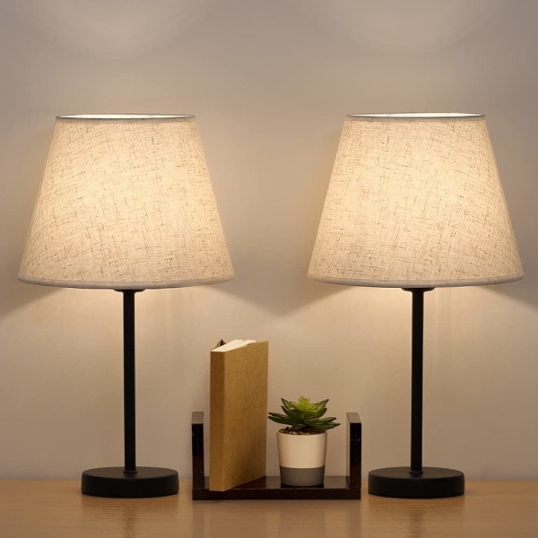 Bedside Table Lamp Set of 2 with Linen Fabric Shade and Black Metal Frame for Bedroom, Living Room, Office